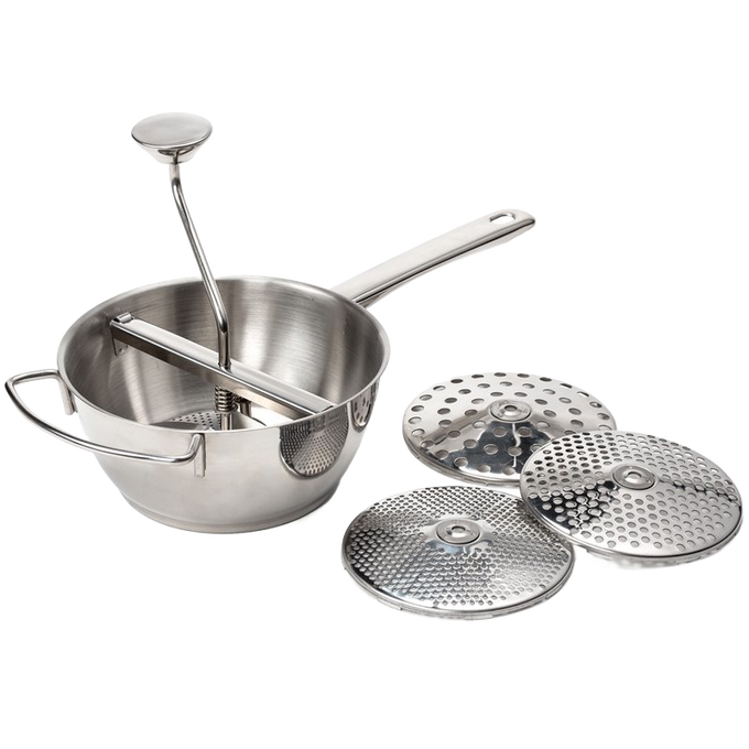 Handcrafted stainless steel food mill with a long handle, turning crank, and four interchangeable discs for versatile food preparation, ideal for Farm, Garden & Tool and Kitchen & Food collections.