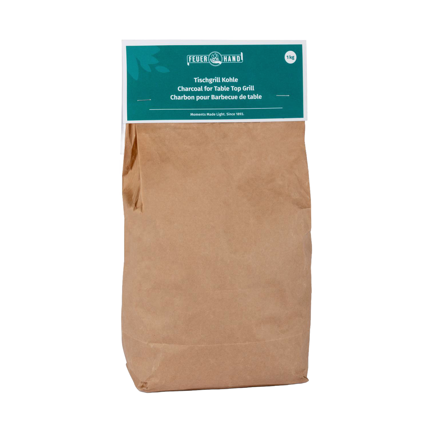 Brown paper bag containing high-quality charcoal designed for tabletop grills, featuring a green label with product details, ideal for grilling in Stoves, Grilling, Best Sellers, and Promo Eligible collections.