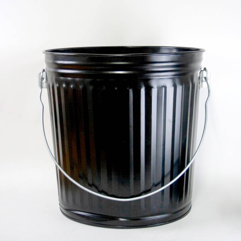 Black painted steel ash pail with sturdy metal bail handle and lid, designed for ash removal, suitable for stoves, hearth accessories, and best seller collections.