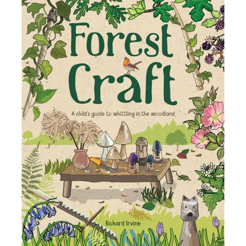 Illustrated book cover showing woodland plants, carved wooden mushrooms, and animals, promoting a child's guide to safe whittling projects, part of Toys, Books & Games and Children's Books collections.