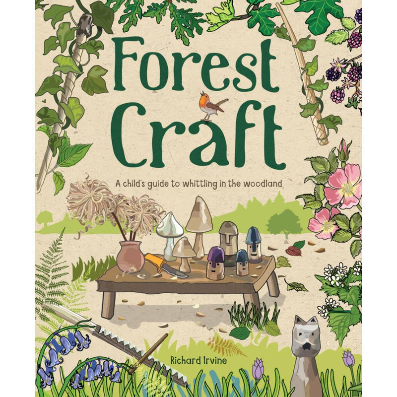 Illustrated book cover showing woodland plants, carved wooden mushrooms, and animals, promoting a child's guide to safe whittling projects, part of Toys, Books & Games and Children's Books collections.