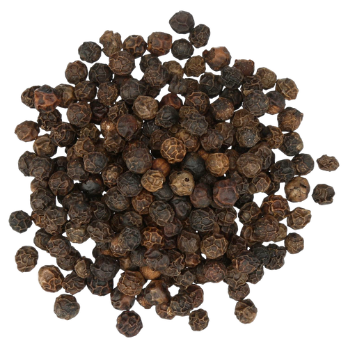 Close-up of a pile of whole Tellicherry black peppercorns known for their rich flavor, featured in Kitchen & Food, Pantry, Grilling, and Best Sellers collections.