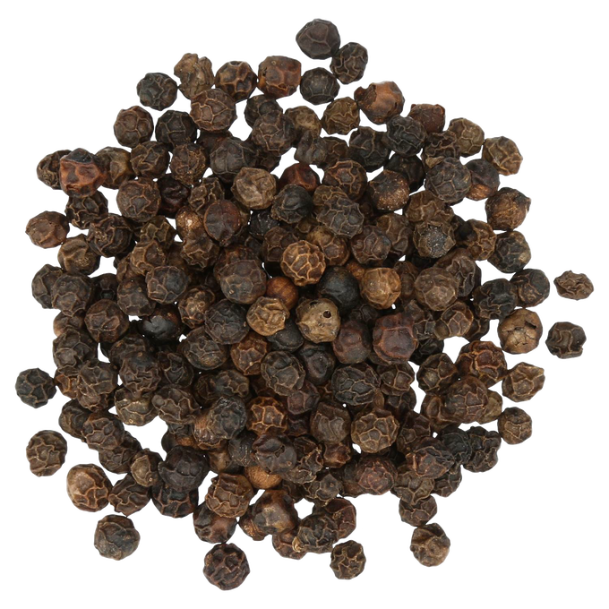 Close-up of a pile of whole Tellicherry black peppercorns known for their rich flavor, featured in Kitchen & Food, Pantry, Grilling, and Best Sellers collections.