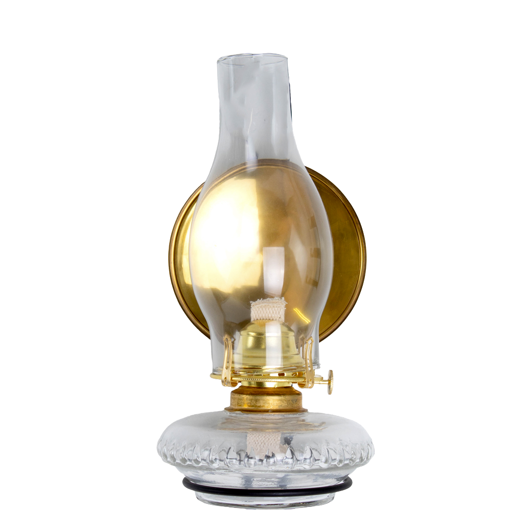 Clear glass oil lamp with a polished solid brass reflector behind the chimney, designed to enhance light projection, crafted in USA and part of lamps, oil lamps, and best sellers collections.