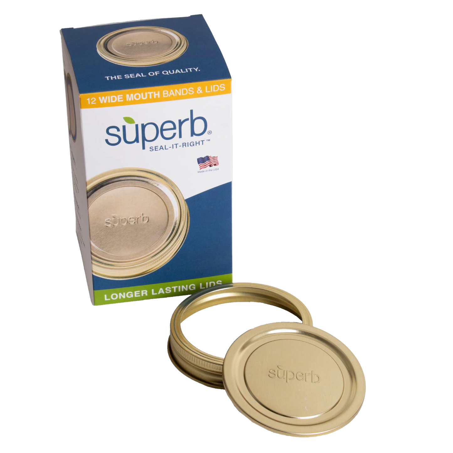 Pack of twelve wide-mouth canning jar lids and bands with advanced sealing adhesive, handcrafted in the USA, perfect for Kitchen & Food, Food Preservation, and Canning collections.