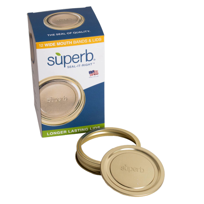 Pack of twelve wide-mouth canning jar lids and bands with advanced sealing adhesive, handcrafted in the USA, perfect for Kitchen & Food, Food Preservation, and Canning collections.