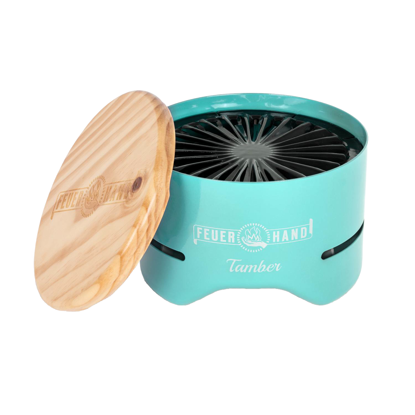 Turquoise Feuerhand Tamber tabletop charcoal grill with radial grate and handcrafted wooden lid featuring engraved logo, designed for small outdoor cooking in Farm, Garden & Tool and Grilling collections.