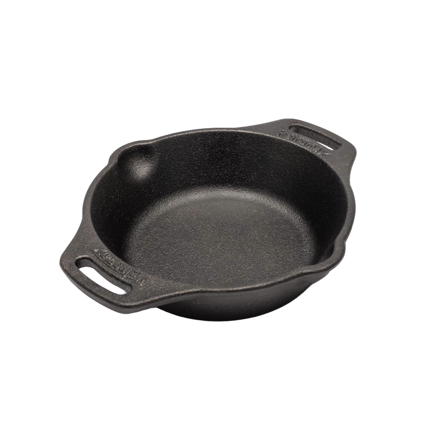 Small black cast iron skillet featuring two side handles and a pour spout, ideal for outdoor camping, kitchen cooking, and versatile cookware needs in Farm, Garden & Tool collections.