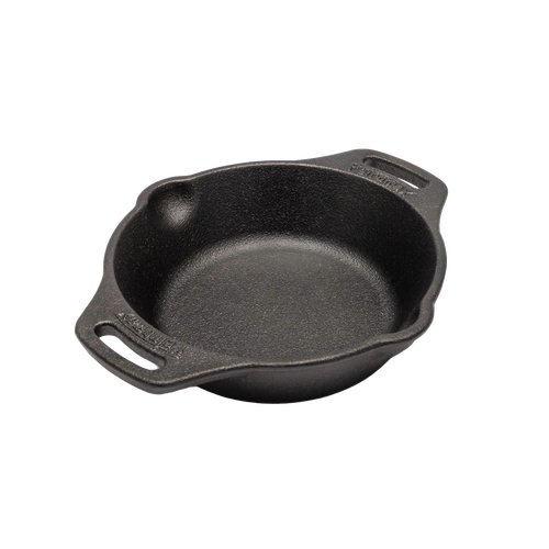 Small black cast iron skillet featuring two side handles and a pour spout, ideal for outdoor camping, kitchen cooking, and versatile cookware needs in Farm, Garden & Tool collections.