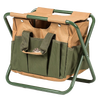 Compact garden tool stool with a durable green metal frame and rugged tan canvas seat, featuring spacious exterior pockets for convenient tool storage, perfect for farm, garden, and planting tasks.