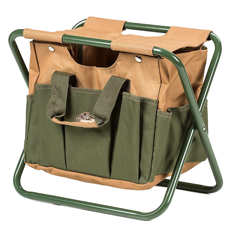 Compact garden tool stool with a durable green metal frame and rugged tan canvas seat, featuring spacious exterior pockets for convenient tool storage, perfect for farm, garden, and planting tasks.