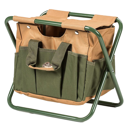 Compact garden tool stool with a durable green metal frame and rugged tan canvas seat, featuring spacious exterior pockets for convenient tool storage, perfect for farm, garden, and planting tasks.