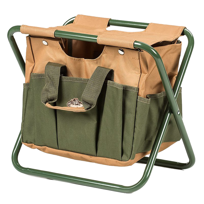 Compact garden tool stool with a durable green metal frame and rugged tan canvas seat, featuring spacious exterior pockets for convenient tool storage, perfect for farm, garden, and planting tasks.