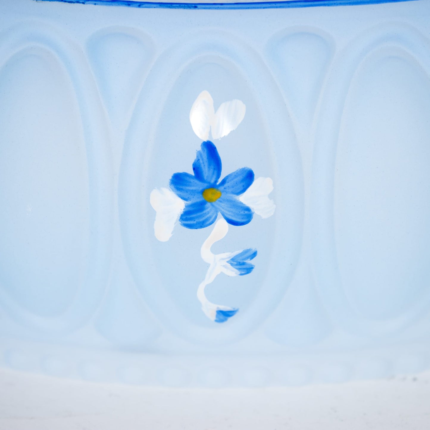 Close-up of blue glass oil lamp shade featuring a delicate hand-painted floral design in blue and white, part of Lamps & Lighting, Lamp Shades, Parts and Accessories, Best Sellers, and Promo Eligible collections.