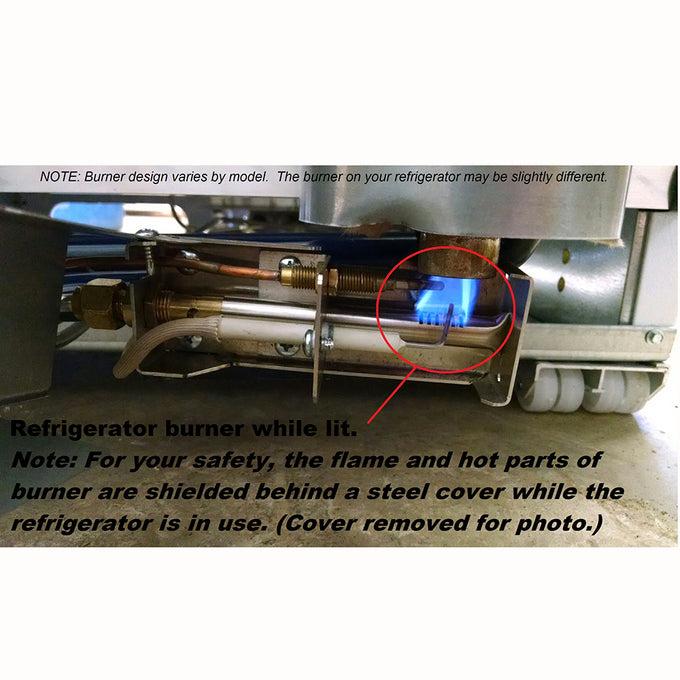 Lit burner inside the gas compartment of a US-made Diamond Designer 10 cu ft refrigerator, highlighting safety features and steel shielding during operation.
