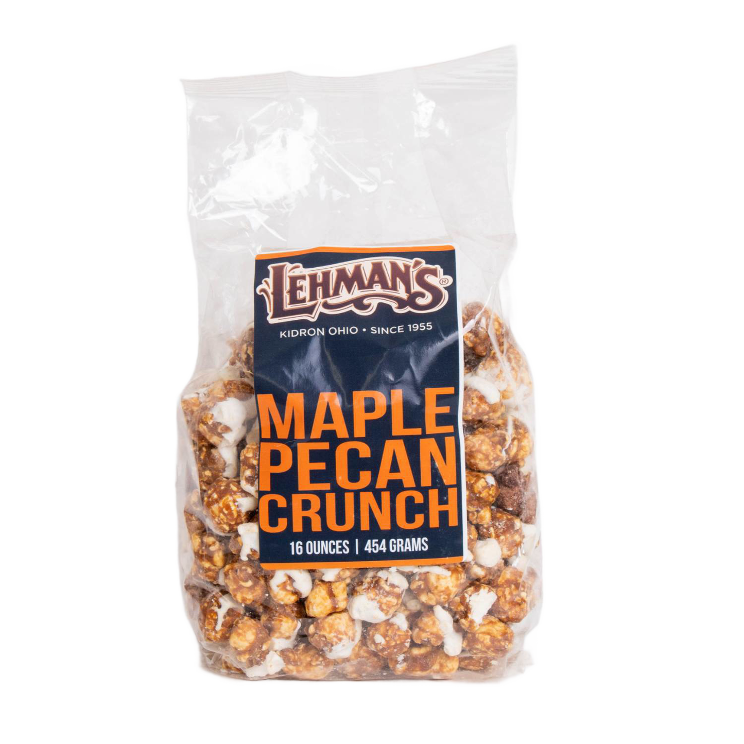 Clear bag of handcrafted maple pecan crunch popcorn by Lehman's, a unique sweet and crunchy snack made in USA, featured in Kitchen & Food, Food, Snacks and Sweets, Popcorn, USA Made, and Best Sellers collections.