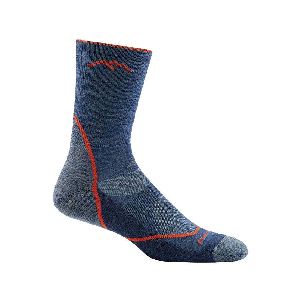 Blue lightweight micro crew sock with orange accents, featuring mesh ventilation and smooth ribbing, designed for durability and comfort in Health & Wellness, Camping, and Clothing collections.