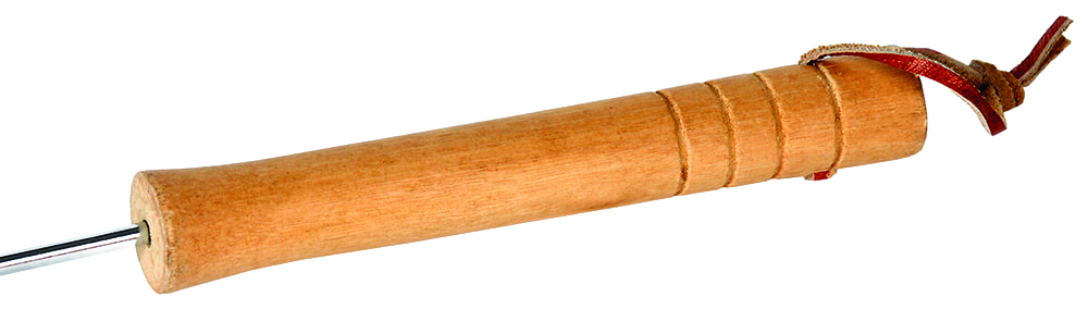 Set of four sturdy chrome-plated steel roasting forks with stay-cool wooden handles and leather ties, ideal for camping, farm, garden tools, and cookware collections.