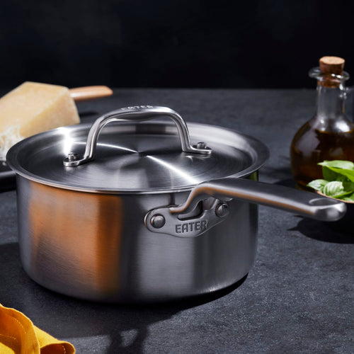 Handcrafted fully clad stainless steel saucier with lid featuring a brushed finish and sturdy handle, part of Kitchen & Food, Cookware, Pots and Pans, Best Sellers, and Promo Eligible collections.