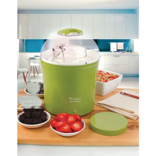 Green electric yogurt maker with clear dome lid and built-in thermometer, displayed on kitchen counter with fresh berries and granola, in Kitchen & Food and Specialty Equipment collections.