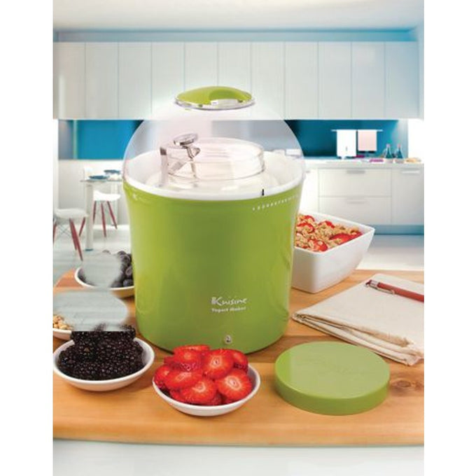 Green electric yogurt maker with clear dome lid and built-in thermometer, displayed on kitchen counter with fresh berries and granola, in Kitchen & Food and Specialty Equipment collections.
