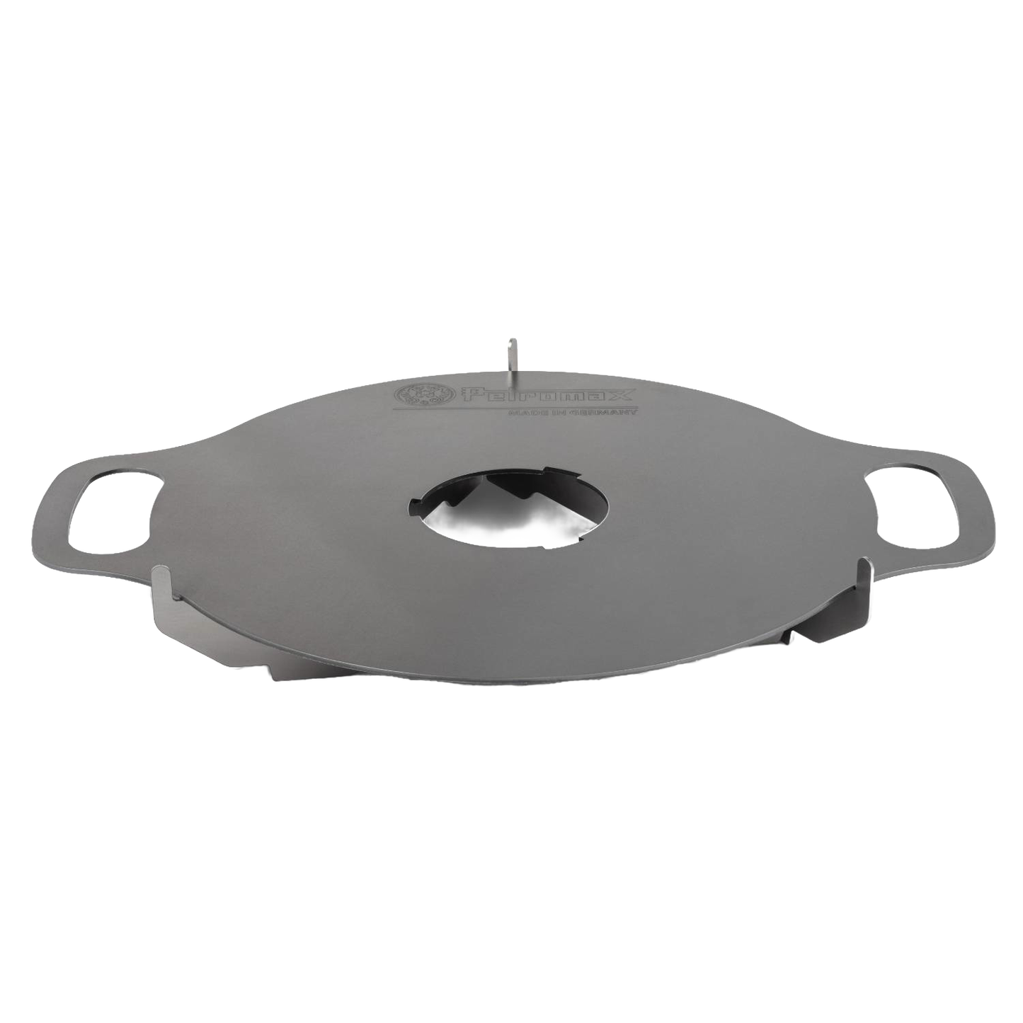 Heavy-duty steel griddle plate with dual handles and central ventilation cutout, designed for versatile grilling in camping and outdoor cooking collections.