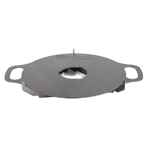 Heavy-duty steel griddle plate with dual handles and central ventilation cutout, designed for versatile grilling in camping and outdoor cooking collections.