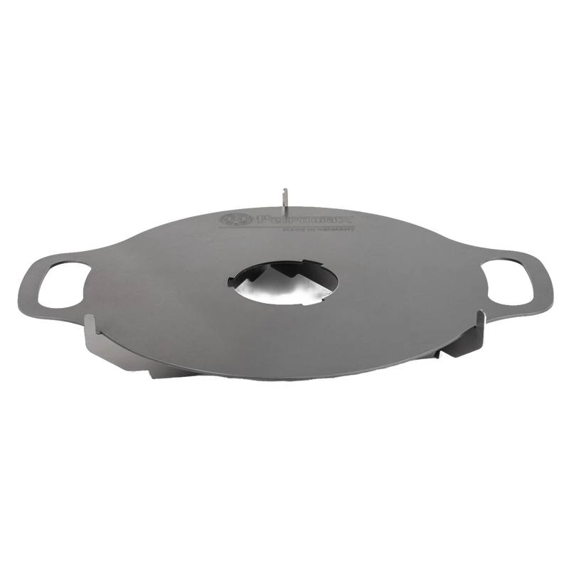 Heavy-duty steel griddle plate with dual handles and central ventilation cutout, designed for versatile grilling in camping and outdoor cooking collections.