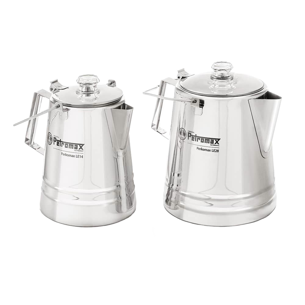 Two polished stainless steel percolators with clear glass lids and angular handles, designed for gentle coffee and tea brewing, suitable for Camping, Kitchen & Food, and Farm, Garden & Tool collections.