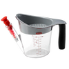 Clear fat separator cup with gray top and soft black grip handle, featuring measurement markings and red stopper for controlled pouring, ideal for Kitchen & Food and Kitchen Gadgets collections.