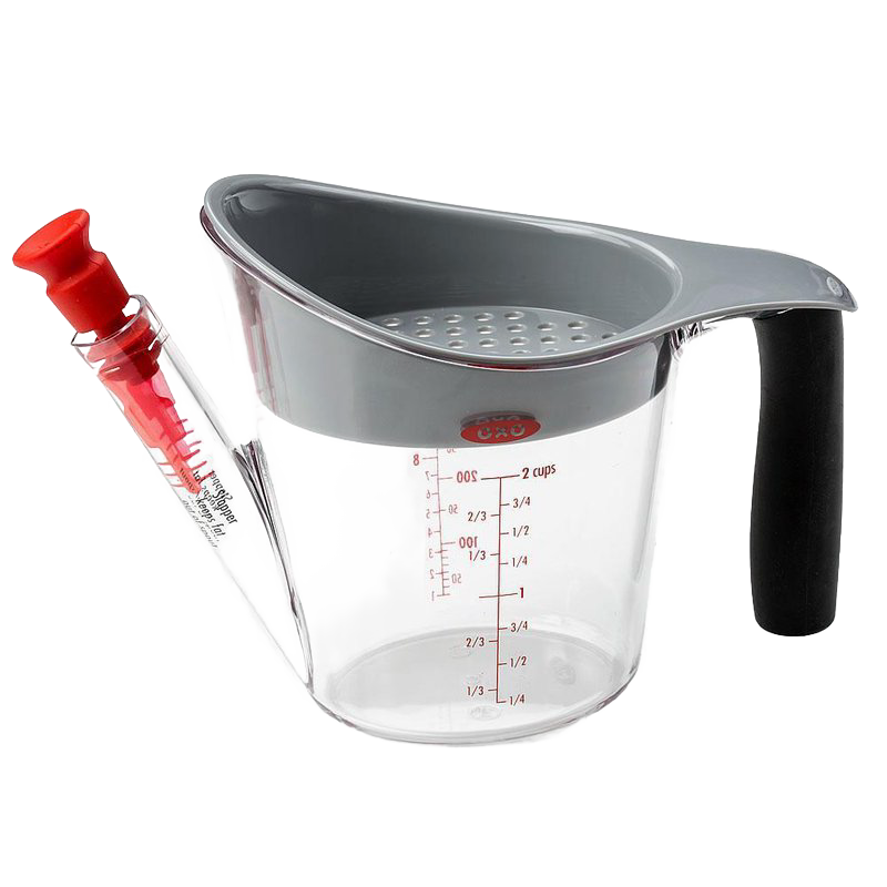Clear fat separator cup with gray top and soft black grip handle, featuring measurement markings and red stopper for controlled pouring, ideal for Kitchen & Food and Kitchen Gadgets collections.