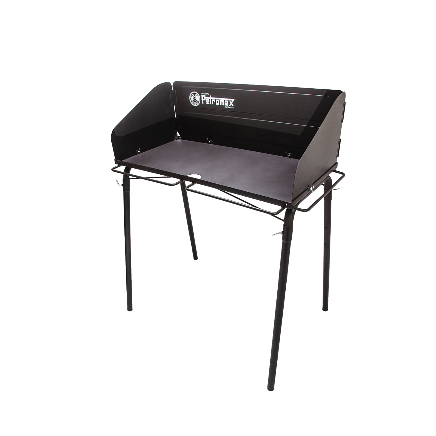 Sturdy steel outdoor cooking table with wind guard and spacious work surface, ideal for camping and farm use, featured in Farm, Garden & Tool, Camping, and Best Sellers collections.