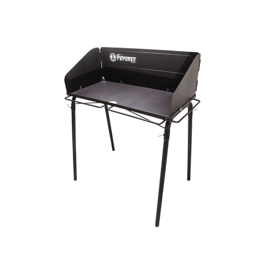 Sturdy steel outdoor cooking table with wind guard and spacious work surface, ideal for camping and farm use, featured in Farm, Garden & Tool, Camping, and Best Sellers collections.