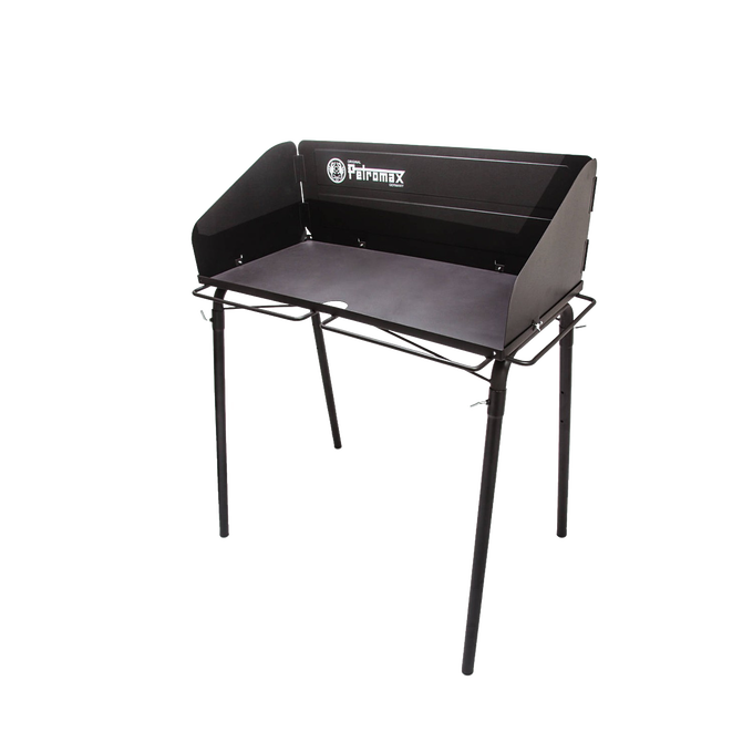 Sturdy steel outdoor cooking table with wind guard and spacious work surface, ideal for camping and farm use, featured in Farm, Garden & Tool, Camping, and Best Sellers collections.
