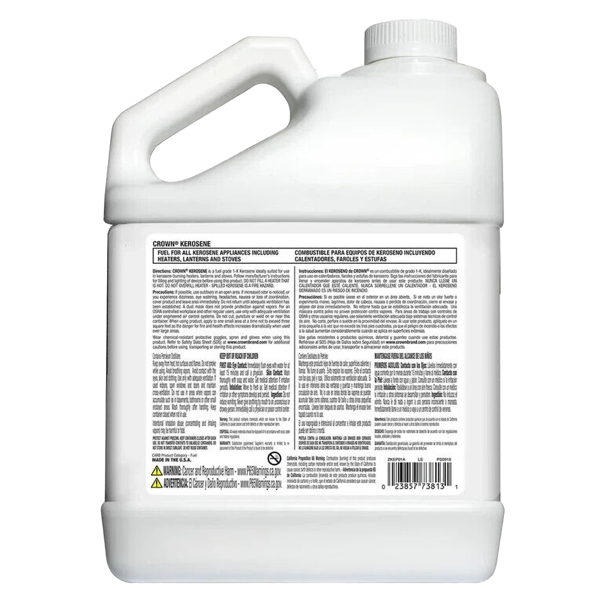 White one-gallon plastic container of Crown 1-K kerosene fuel made in USA, featuring detailed safety and usage instructions, ideal for farm, garden, lamps, emergency, and heating supplies.