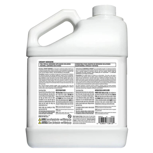 White one-gallon plastic container of Crown 1-K kerosene fuel made in USA, featuring detailed safety and usage instructions, ideal for farm, garden, lamps, emergency, and heating supplies.