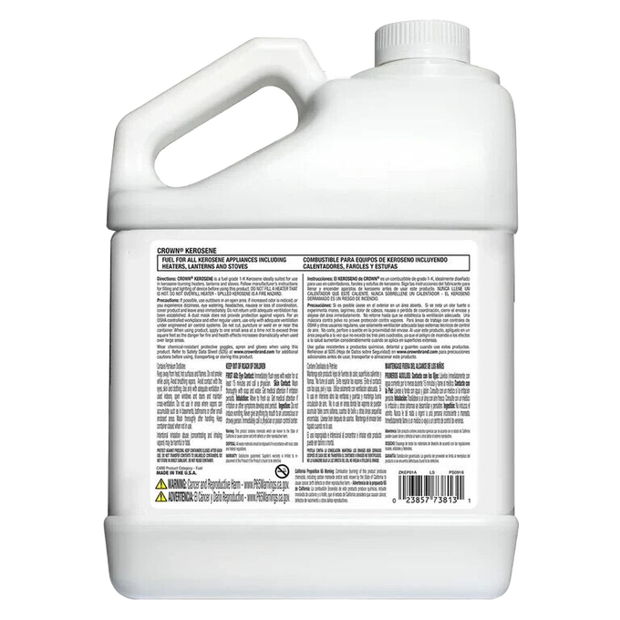 White one-gallon plastic container of Crown 1-K kerosene fuel made in USA, featuring detailed safety and usage instructions, ideal for farm, garden, lamps, emergency, and heating supplies.