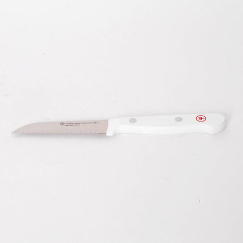 Serrated kitchen knife with a white handle and stainless steel blade, part of a 16-piece set ideal for precise food prep in Kitchen & Food, Knives & Axes, and Farm, Garden & Tool collections.