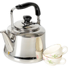 Large stainless steel kettle with extra-wide spout and black handle, shown alongside two delicate floral porcelain teacups, fitting Kitchen & Food and Brewing Coffee and Tea collections.