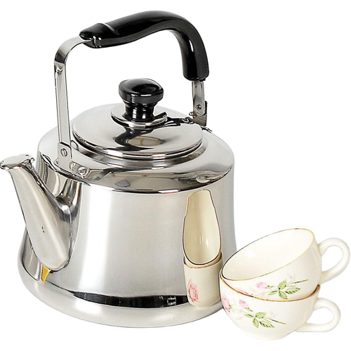 Large stainless steel kettle with extra-wide spout and black handle, shown alongside two delicate floral porcelain teacups, fitting Kitchen & Food and Brewing Coffee and Tea collections.
