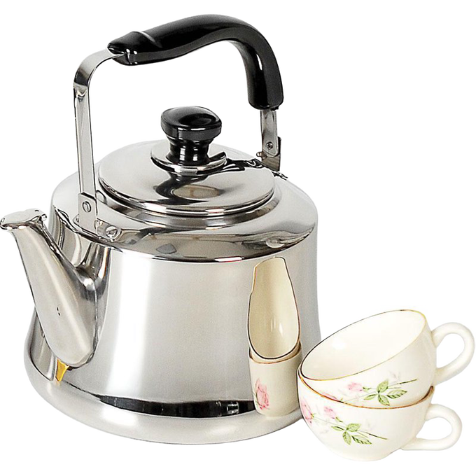 Large stainless steel kettle with extra-wide spout and black handle, shown alongside two delicate floral porcelain teacups, fitting Kitchen & Food and Brewing Coffee and Tea collections.