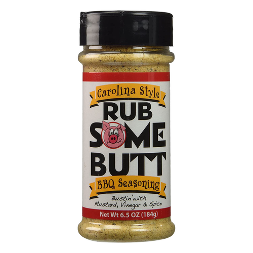 Container of Rub Some Butt Carolina Style BBQ Seasoning, a mustard and vinegar-based gluten-free rub perfect for pulled pork, chicken, fish, and shrimp in Kitchen & Food and Grilling collections.