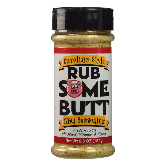 Container of Rub Some Butt Carolina Style BBQ Seasoning, a mustard and vinegar-based gluten-free rub perfect for pulled pork, chicken, fish, and shrimp in Kitchen & Food and Grilling collections.
