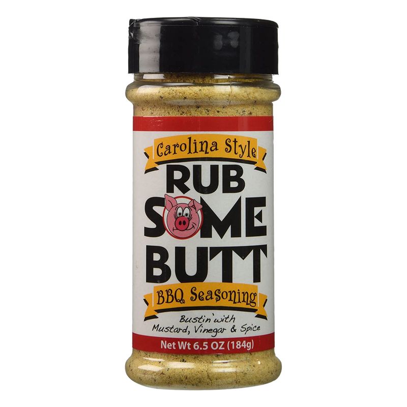 Container of Rub Some Butt Carolina Style BBQ Seasoning, a mustard and vinegar-based gluten-free rub perfect for pulled pork, chicken, fish, and shrimp in Kitchen & Food and Grilling collections.