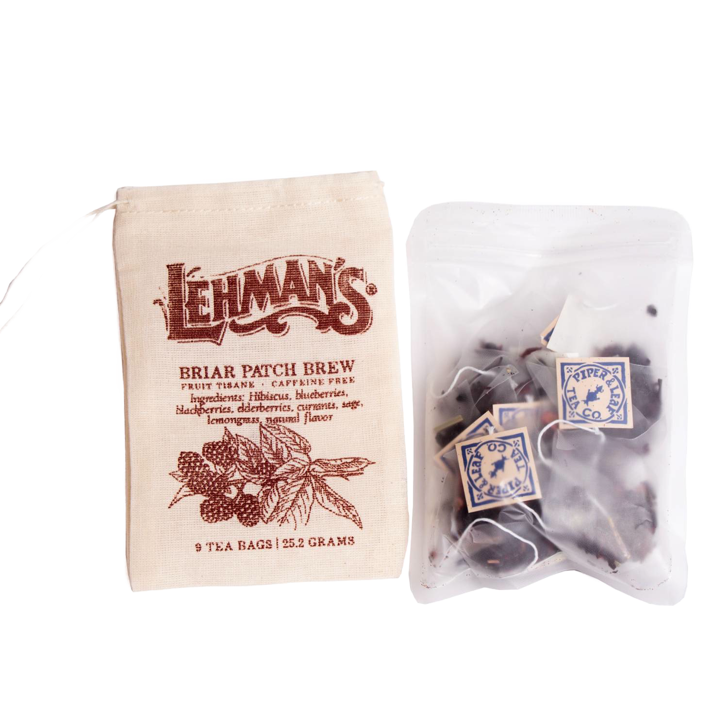 Natural cloth pouch with printed logo and text containing Briar Patch Brew caffeine-free tea blend, alongside a clear resealable bag holding handcrafted tea bags, part of Kitchen & Food, Brewing Coffee and Tea, Food, Beverages, USA Made, Best Sellers, and Promo Eligible collections.