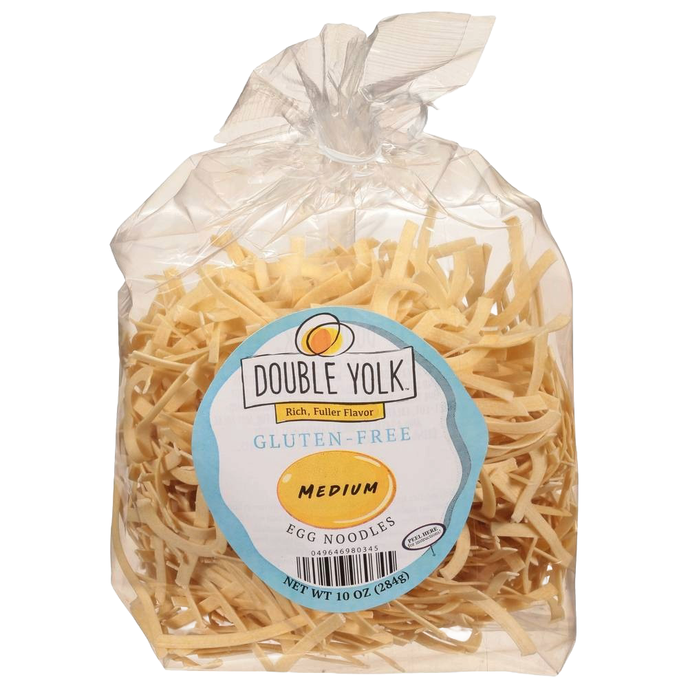 Clear plastic bag containing medium gluten-free egg noodles with a blue and white label featuring Double Yolk branding, showcasing handcrafted pasta from USA, part of Kitchen & Food and Gluten Free collections.