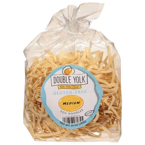 Clear plastic bag containing medium gluten-free egg noodles with a blue and white label featuring Double Yolk branding, showcasing handcrafted pasta from USA, part of Kitchen & Food and Gluten Free collections.