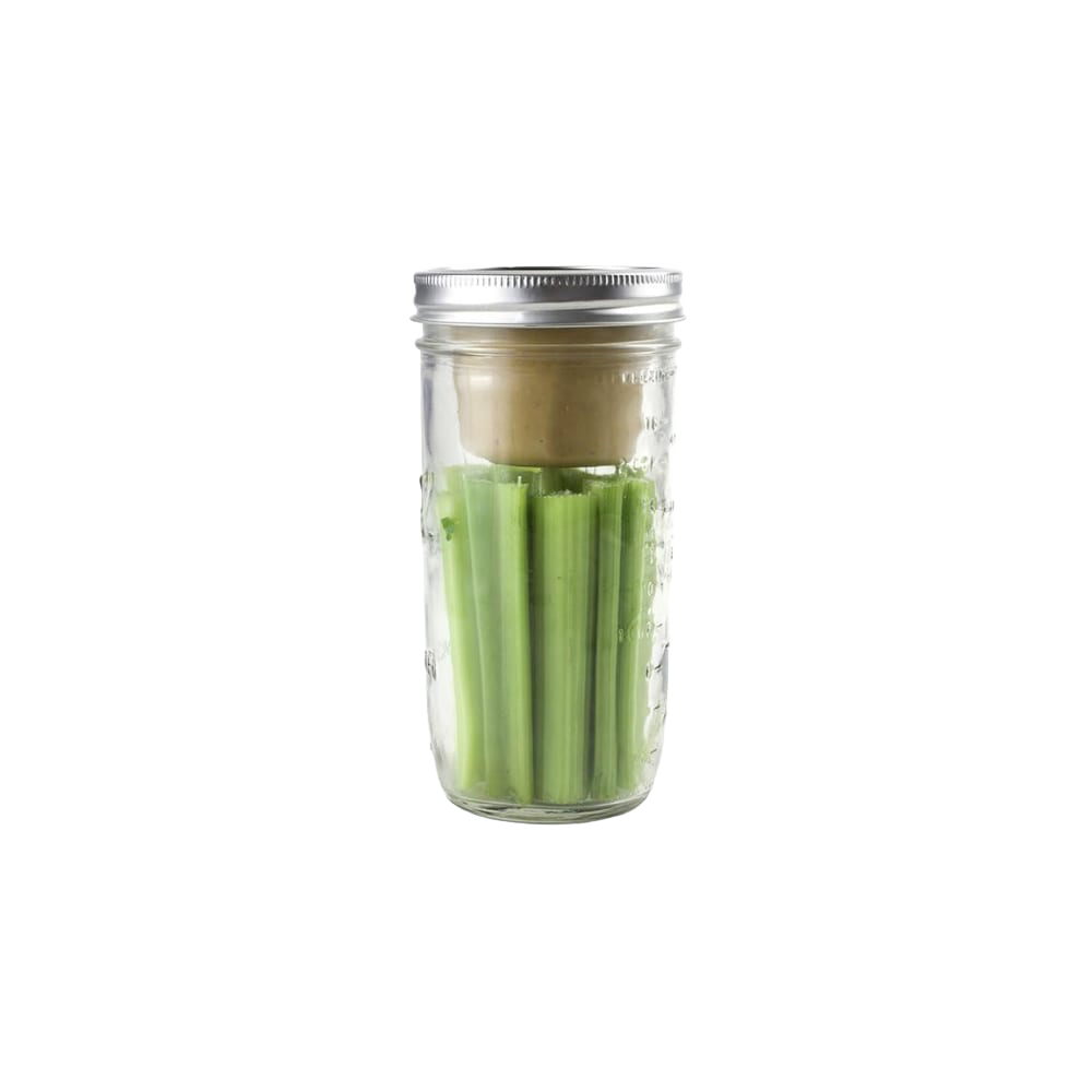 Clear glass wide-mouth jar featuring a handcrafted divider cup separating fresh celery stalks and a beige dip, perfect for Kitchen & Food, Storage and Serving, and USA Made collections.