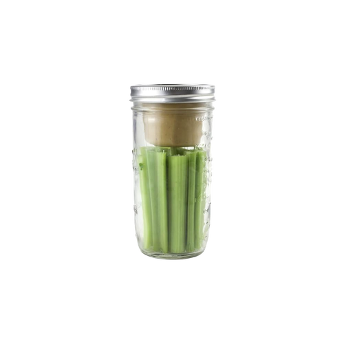 Clear glass wide-mouth jar featuring a handcrafted divider cup separating fresh celery stalks and a beige dip, perfect for Kitchen & Food, Storage and Serving, and USA Made collections.