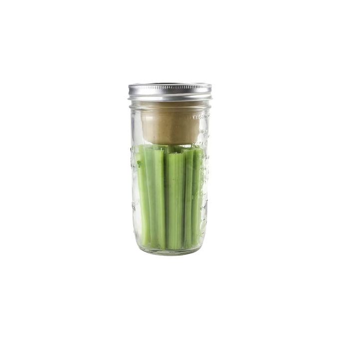 Clear glass wide-mouth jar featuring a handcrafted divider cup separating fresh celery stalks and a beige dip, perfect for Kitchen & Food, Storage and Serving, and USA Made collections.